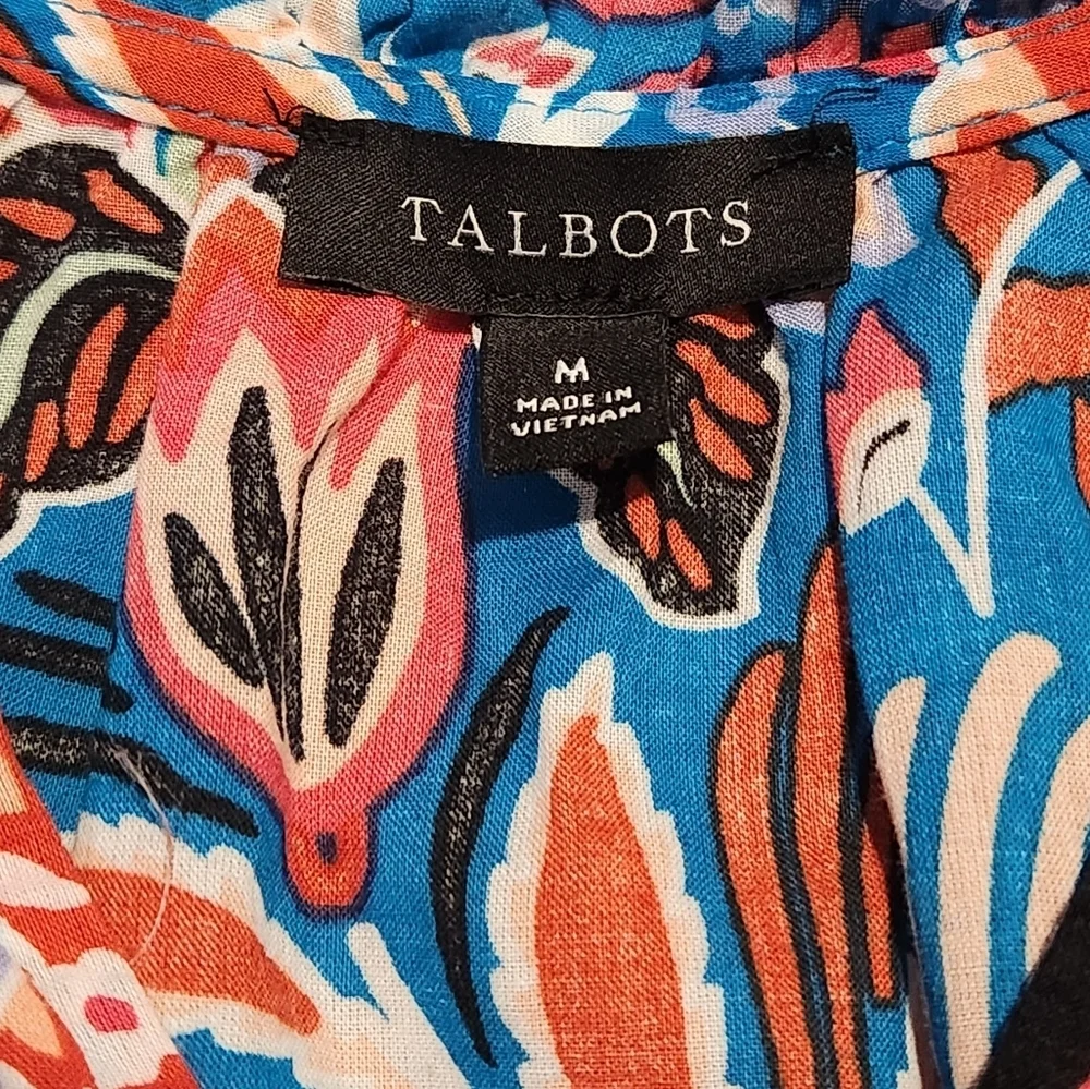 Talbots Botanical Paisley Ruffle Trim Shell Teal Turquoise Pink Floral, Medium - Picture 12 of 13
